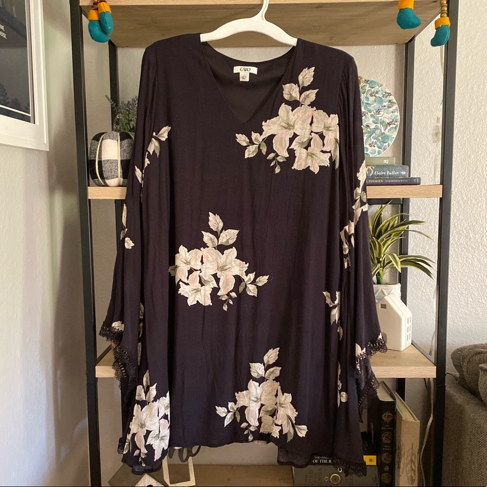 Cato floral black short dress with bell sleeves
